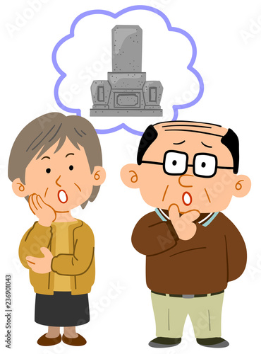 お墓のことで悩むシニアの夫婦　全身
