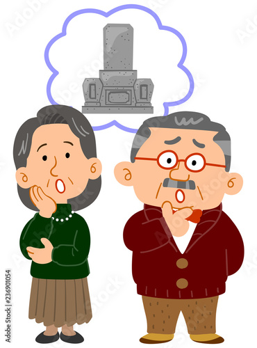 お墓のことで悩むシニアの夫婦　全身
