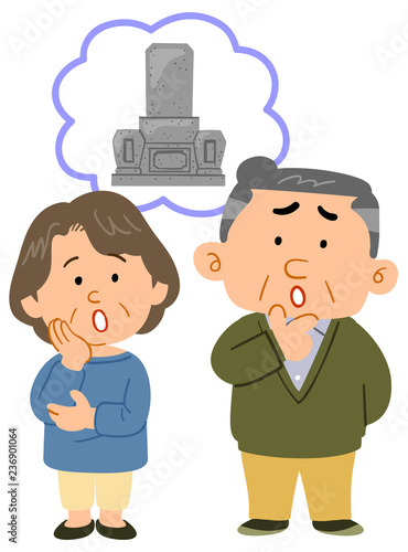 お墓のことで悩むシニアの夫婦　全身

