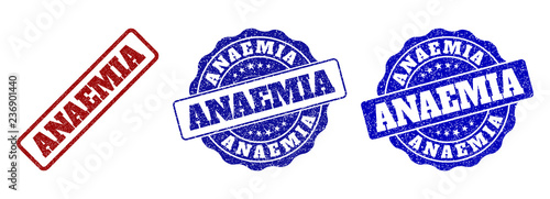 ANAEMIA grunge stamp seals in red and blue colors. Vector ANAEMIA imprints with grunge style. Graphic elements are rounded rectangles, rosettes, circles and text titles.