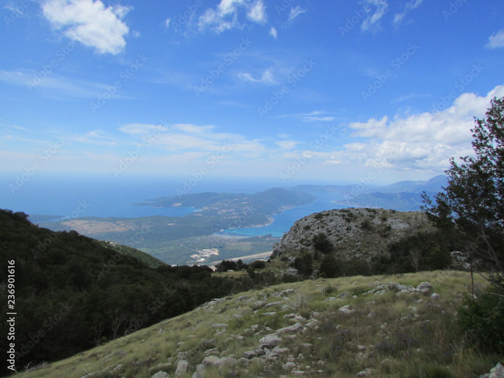 Aerial view to the Bay of Kotor from Lovcen national park under cloudly sky, Montenegro