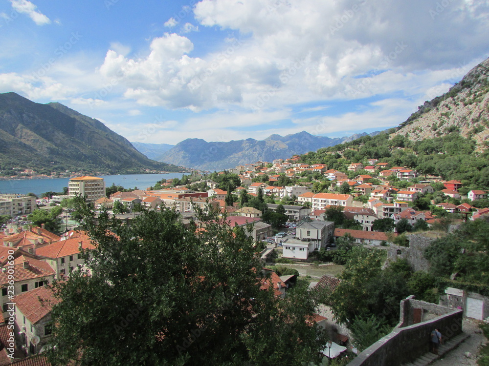 Panoramic view of Kotor old town and Kotor bay from city wall, Montenegro
