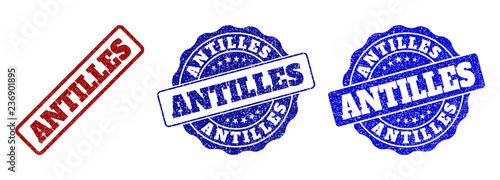 ANTILLES scratched stamp seals in red and blue colors. Vector ANTILLES labels with scratced style. Graphic elements are rounded rectangles, rosettes, circles and text labels. photo