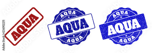 AQUA scratched stamp seals in red and blue colors. Vector AQUA labels with scratced surface. Graphic elements are rounded rectangles, rosettes, circles and text tags.