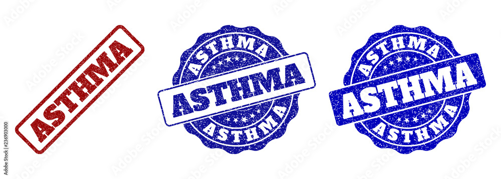 ASTHMA scratched stamp seals in red and blue colors. Vector ASTHMA marks with scratced surface. Graphic elements are rounded rectangles, rosettes, circles and text tags.