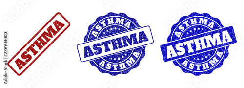 ASTHMA scratched stamp seals in red and blue colors. Vector ASTHMA marks with scratced surface. Graphic elements are rounded rectangles, rosettes, circles and text tags.
