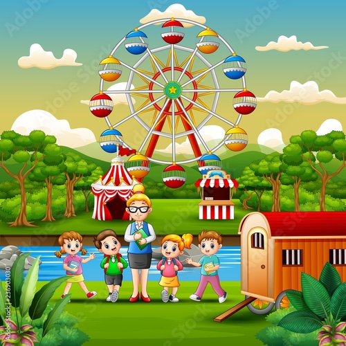 Cartoon of school children and a teacher with amusement park background