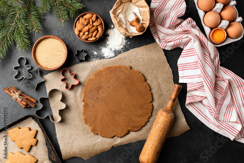 Gingerbread cookie dough. Christmas Winter Holidays Baking. Copy space for text. Rolled cookie dough photo