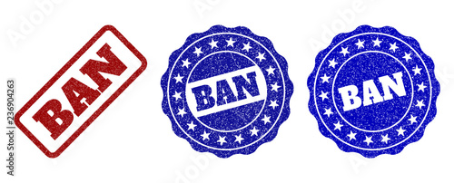 BAN grunge stamp seals in red and blue colors. Vector BAN marks with grunge style. Graphic elements are rounded rectangles, rosettes, circles and text tags. Designed for rubber stamp imitations.