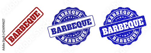 BARBEQUE grunge stamp seals in red and blue colors. Vector BARBEQUE overlays with draft texture. Graphic elements are rounded rectangles, rosettes, circles and text labels.