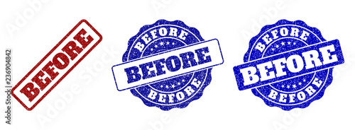 BEFORE scratched stamp seals in red and blue colors. Vector BEFORE imprints with scratced texture. Graphic elements are rounded rectangles, rosettes, circles and text tags.