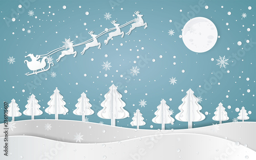 Merry christmas,Santa Claus Driving in a Sledge,Snow forest. pines in winter and mountain Paper vector Illustration