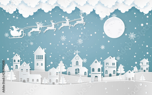 Santa Claus Driving in a Sledge ,winter with homes and snowy paper art . beautiful scenery in the design vector