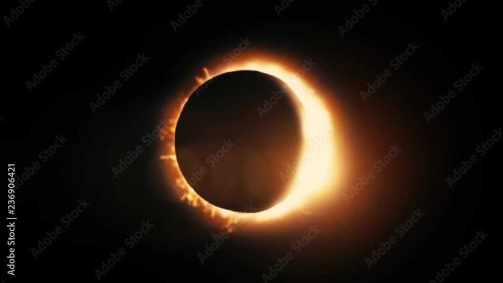 Abstract solar eclipse caused by a Lunar event with ring of fire on black background. Animated abstract view of a total solar eclipse.