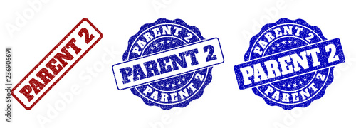PARENT 2 grunge stamp seals in red and blue colors. Vector PARENT 2 labels with scratced surface. Graphic elements are rounded rectangles, rosettes, circles and text labels.