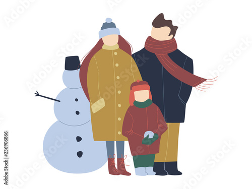 colorful vector flat cartoon christmas illustration with festive christmas decorations, family gathering - father, mom, son, snowman, cozy outdoor scene. vector cartoon xmas family scenery flat design