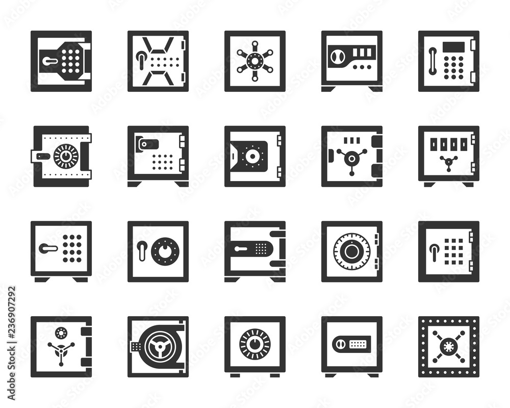 Safe bank cell black silhouette icons vector set Safe bank cell black silhouette icons vector set
