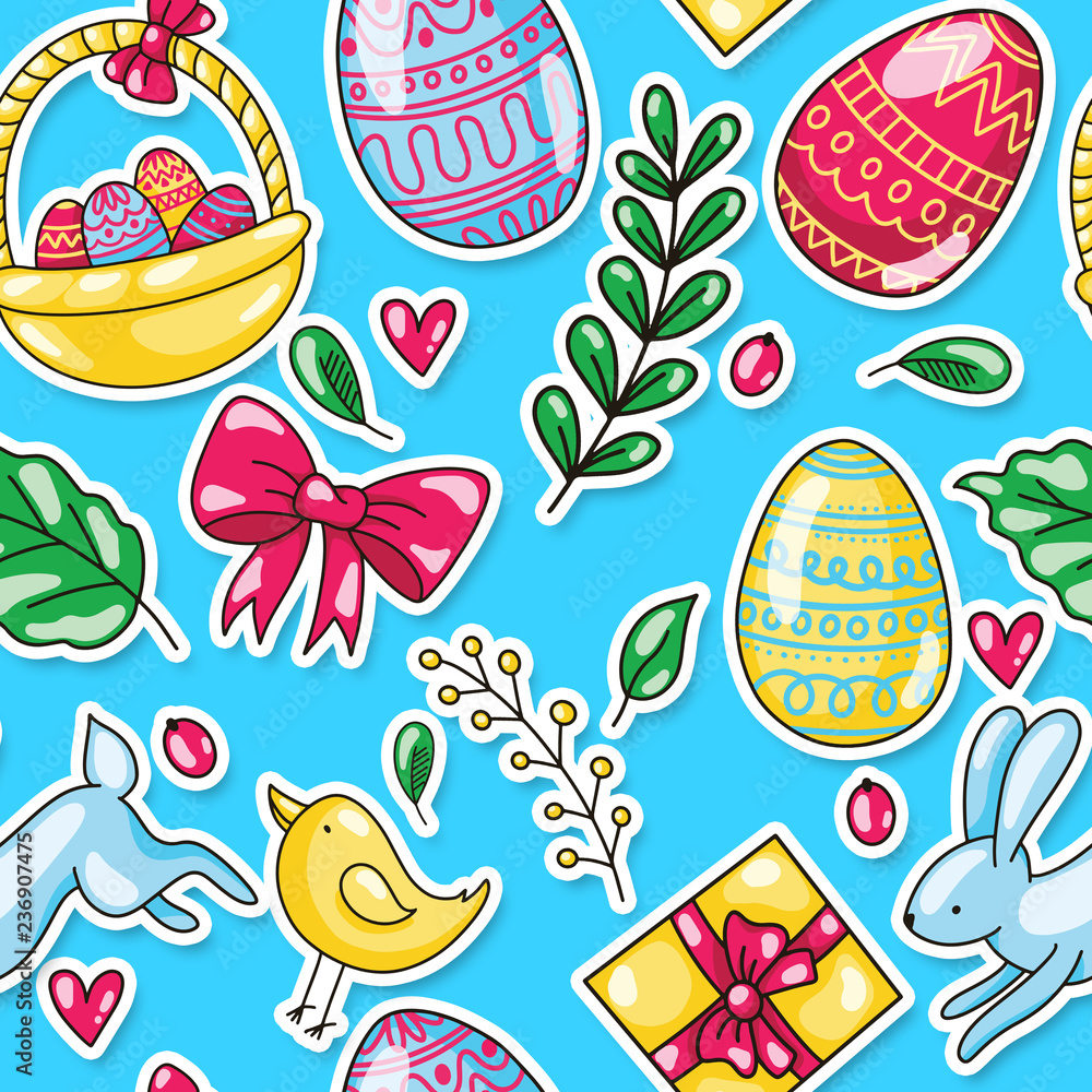 happy easter eggs cartoon doodle hand drawn seamless pattern with eggs rabbit and chick. happy easter eggs cartoon doodle hand drawn seamless pattern with eggs rabbit and chick.