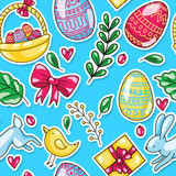 happy easter eggs cartoon doodle hand drawn seamless pattern with eggs rabbit and chick.
