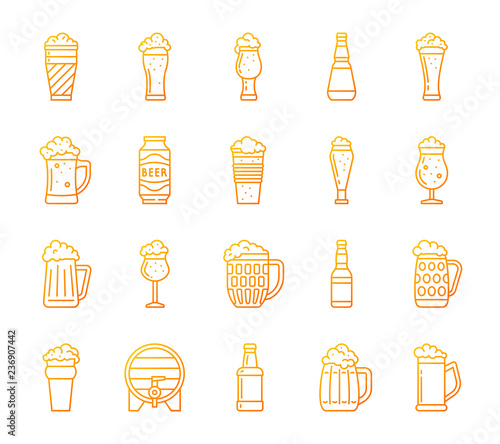 Beer mug simple color line icons vector set