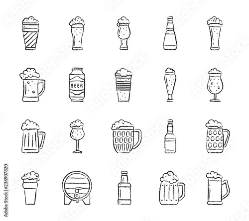 Beer mug charcoal draw line icons vector set