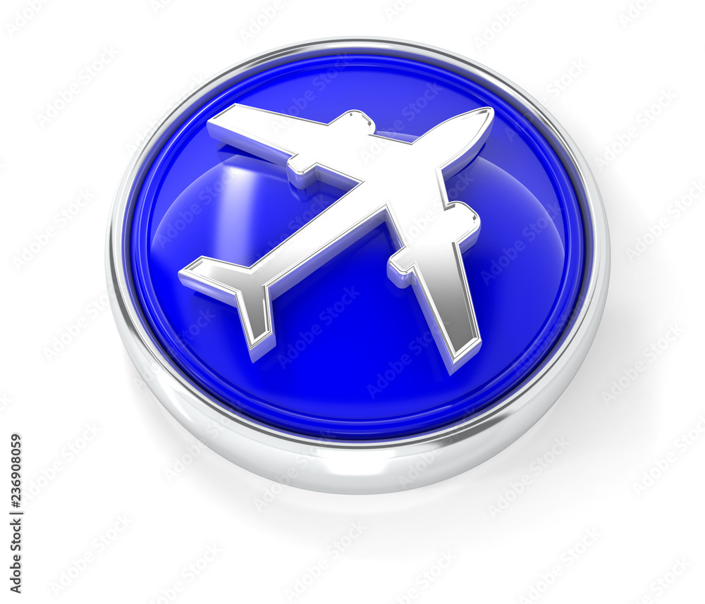 Plane icon on glossy blue round button Plane icon on glossy blue round button