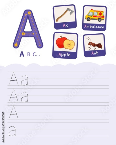 Handwriting practice sheet. Basic writing. Educational game for children. Learning the letters of the English alphabet. Cards with objects. Letter A.