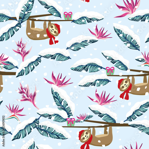 Funny cartoon sloth gift box snowy tropical seamless pattern blue background