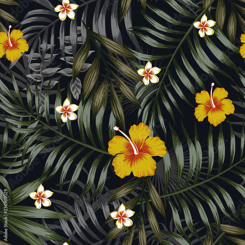 Night tropical seamless pattern leaves and flowers hibiscus plumeria