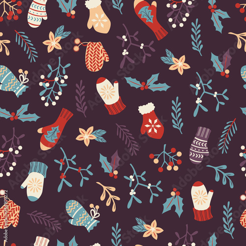 Vector Winter Seamless Pattern with Hand Drawn Gloves and Mistletoe.