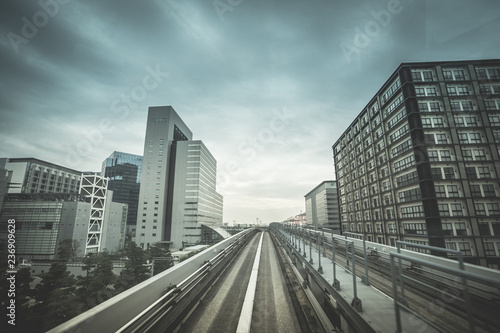 Point of view through Tokyo via the automated transit system.