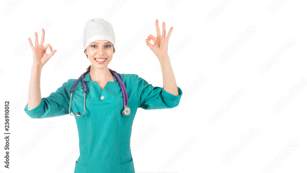 Smiling woman doctor or nurse showing allright sign. Smiling woman doctor or nurse showing allright sign.
