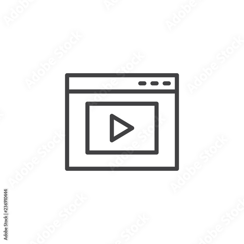 Browser media player outline icon. linear style sign for mobile concept and web design. Website page with play button simple line vector icon. Symbol, logo illustration. Pixel perfect vector graphics