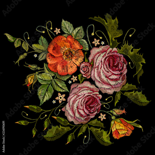 Embroidery red roses and pink peonies. Fashionable template for design of clothes, t-shirt design, tapestry flowers renaissance style. Classical embroidery vintage buds of roses on black background