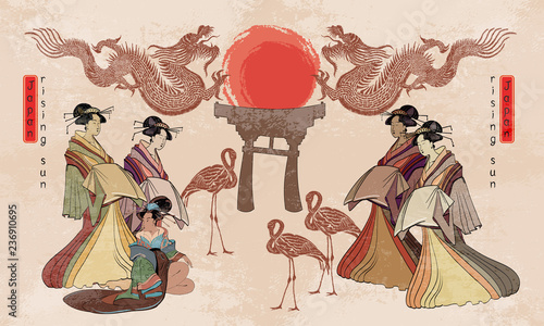 Japan art. Asian culture. Traditional Japanese, red sun, dragons and geisha woman