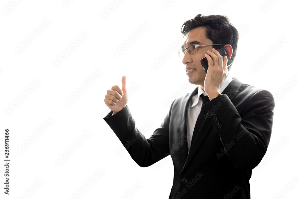 Asian businessman using mobile phone texting isolated in white background. Asian businessman using mobile phone texting isolated in white background.