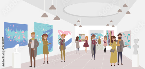 People walk around the exhibition of contemporary art, view exhibits, take photos and communicate with each other. Editable vector illustration