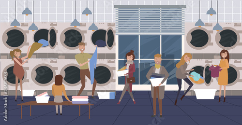 Flat illustration of Laundry and dry cleaning concept. Laundromat self service. People loading dirty clothes to washing machine and waiting. Editable vector illustration