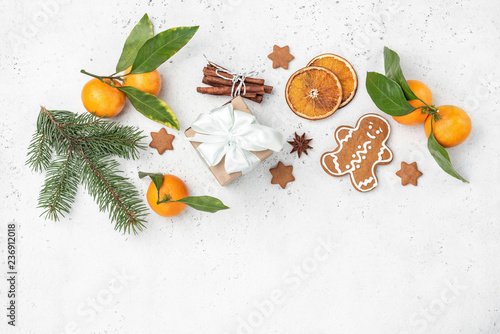 Winter or Christmas decoration symbols. Tangerines, gingerbread, fir tree, cinnamon, gift box. Top view copy space for text