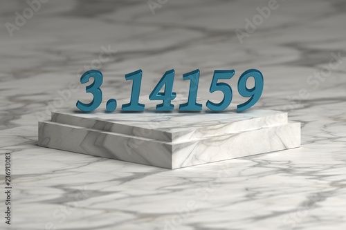 Obraz na plátně Blue shiny metallic Pi number digits over marble pedestal podium