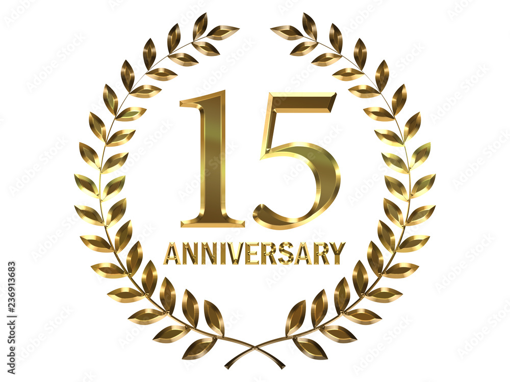 Fotografie メタリックの質感の15周年記念 月桂樹の葉つきエンブレム｜15th anniversary icon