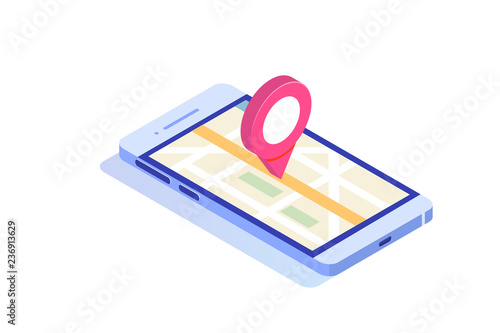 3d Isometric smartphone with GPS mobile application. Vector illu