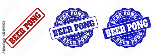 BEER PONG grunge stamp seals in red and blue colors. Vector BEER PONG imprints with grunge surface. Graphic elements are rounded rectangles, rosettes, circles and text labels.