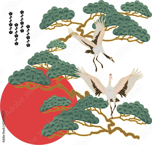 Asian, Japanese illustration with storks, bonsai and red sun.