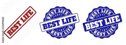 BEST LIFE grunge stamp seals in red and blue colors. Vector BEST LIFE signs with grunge effect. Graphic elements are rounded rectangles, rosettes, circles and text labels.