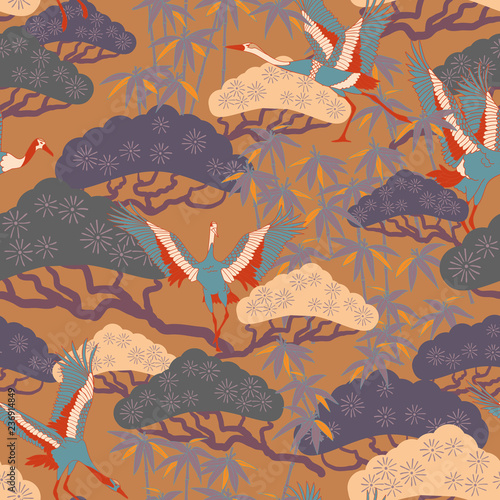 Asian, Japanese pattern with storks, bonsai and bamboo.