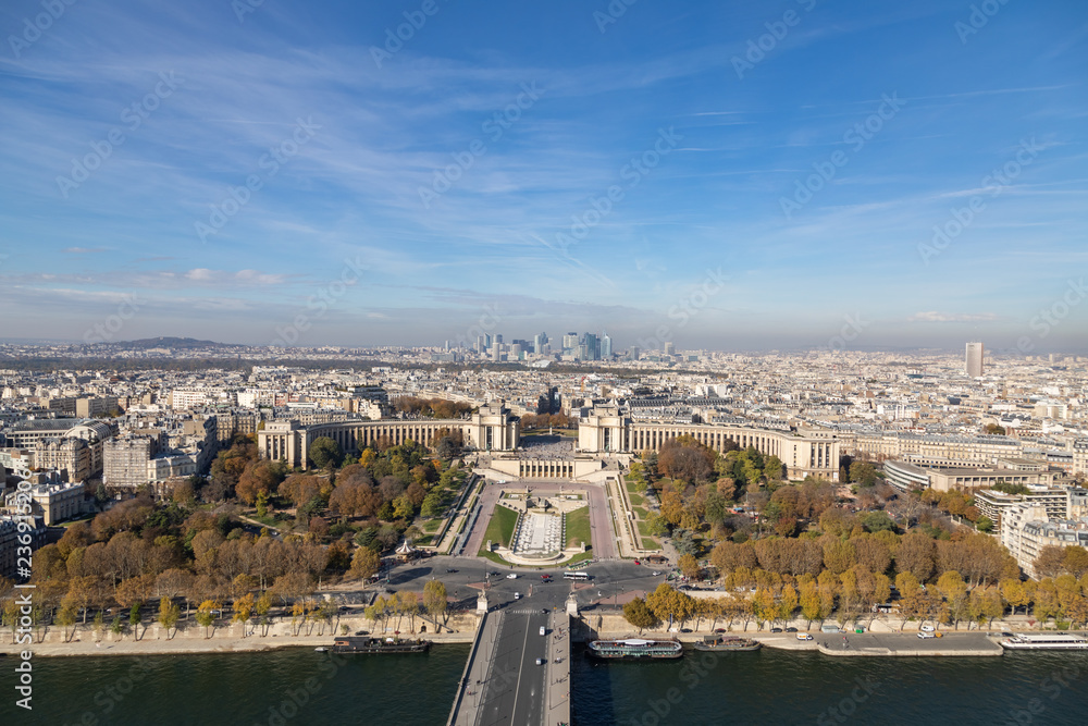 Aerial view of Paris cityscape and Seine river, Paris, France.