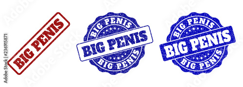 BIG PENIS grunge stamp seals in red and blue colors. Vector BIG PENIS imprints with grunge style. Graphic elements are rounded rectangles, rosettes, circles and text tags.