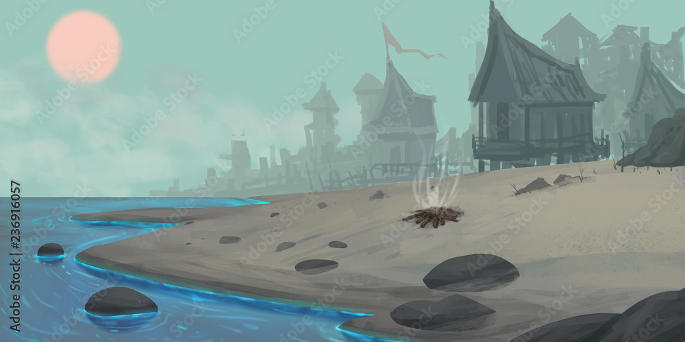 Viking Village on the Beach. Fiction Backdrop. Concept Art. Realistic Illustration. Video Game Digital CG Artwork. Nature Scenery.
