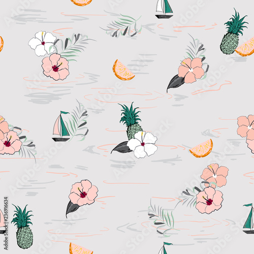 Pastel Tropical island forest with blooming flowers palm leaves,with outline Exotic  leaves seamless vector floral pattern